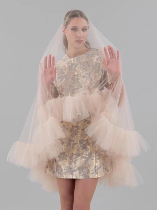 Sheer Blush Tulle Veil with Ruffled Trim - Blush - Picture 1 of 1